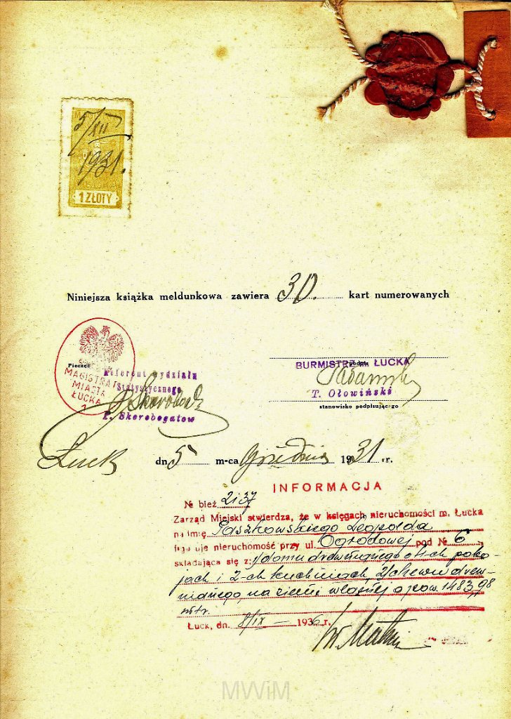 KKE 5923-5.jpg - Dok. Książka Meldunkowa Leopolda Kleofasa Paszkowskiego, Łuck ul. Ogrodowa 6, 5 XII 1931 r.